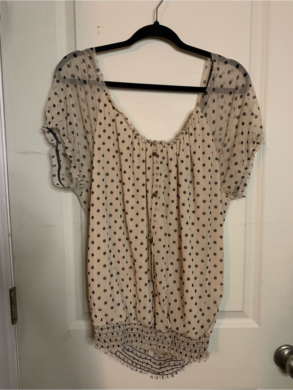 French Laundry Polka Dot Short Sleeve Peasant Blouse Smocked Hem Sz XL